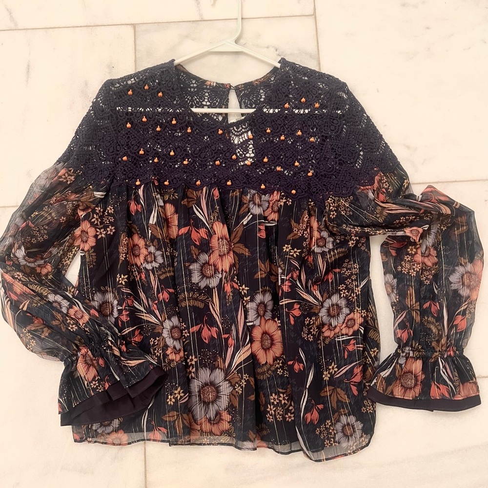 Anthropologie Navy, gold and Floral Blouse